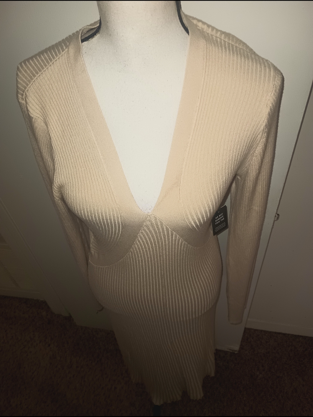 Express Beige Long Sleeve Ribbed V-Neck Maxi Dress SZL